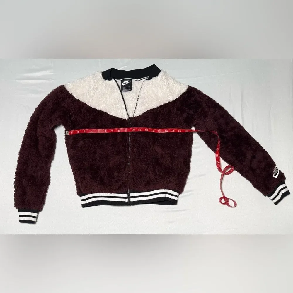 Burgundy Cream Chevron Color-Block Sherpa Cropped Full Zip Jacket Nike XS Extra